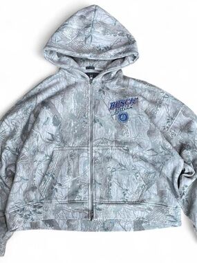 Busch Light Grey Cropped Oversized Camo Zip-Up Hoodie